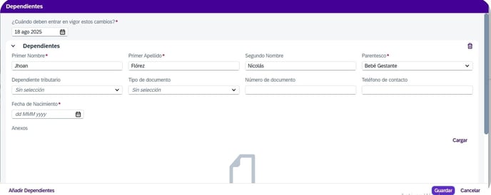 registrar los datos del bebé